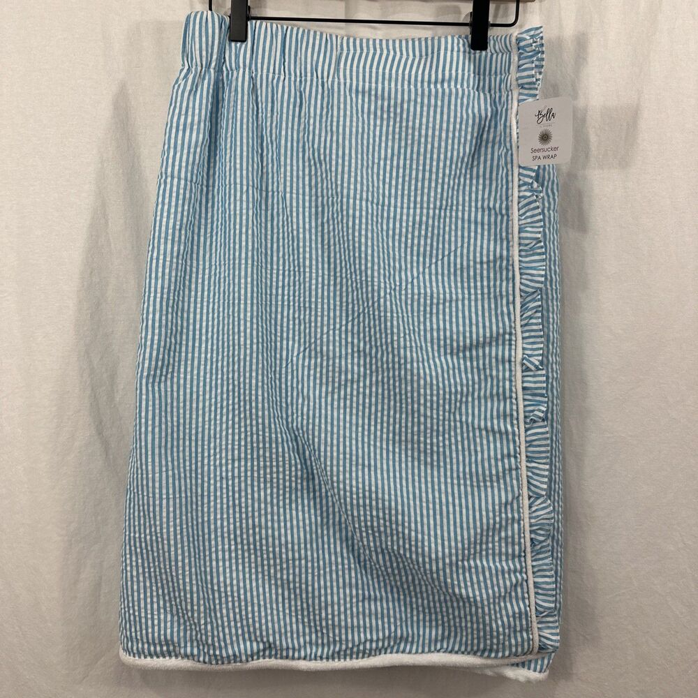 Bella 100% Cotton Blue White Striped Seersucker Spa Wrap Bath Womens O/S Towel